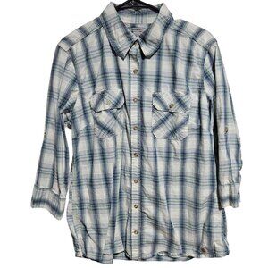 Carhartt Button Front Shirt Womens Size Large Blue White Plaid Roll-Tab Sleeves